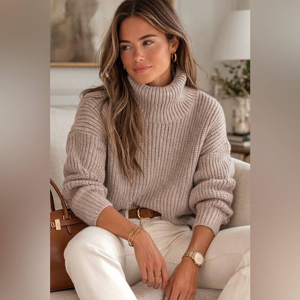 Mason Cashmere Blend Chunky Knit Turtleneck Sweater | Neutral Taupe | Size M